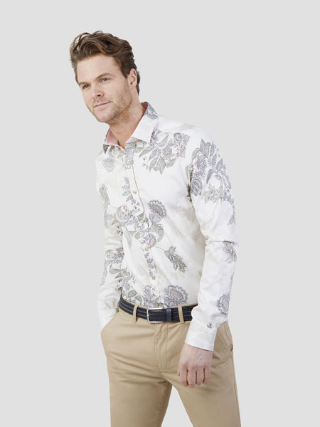 Mali Off White Floral Mens Long Sleeve Shirt