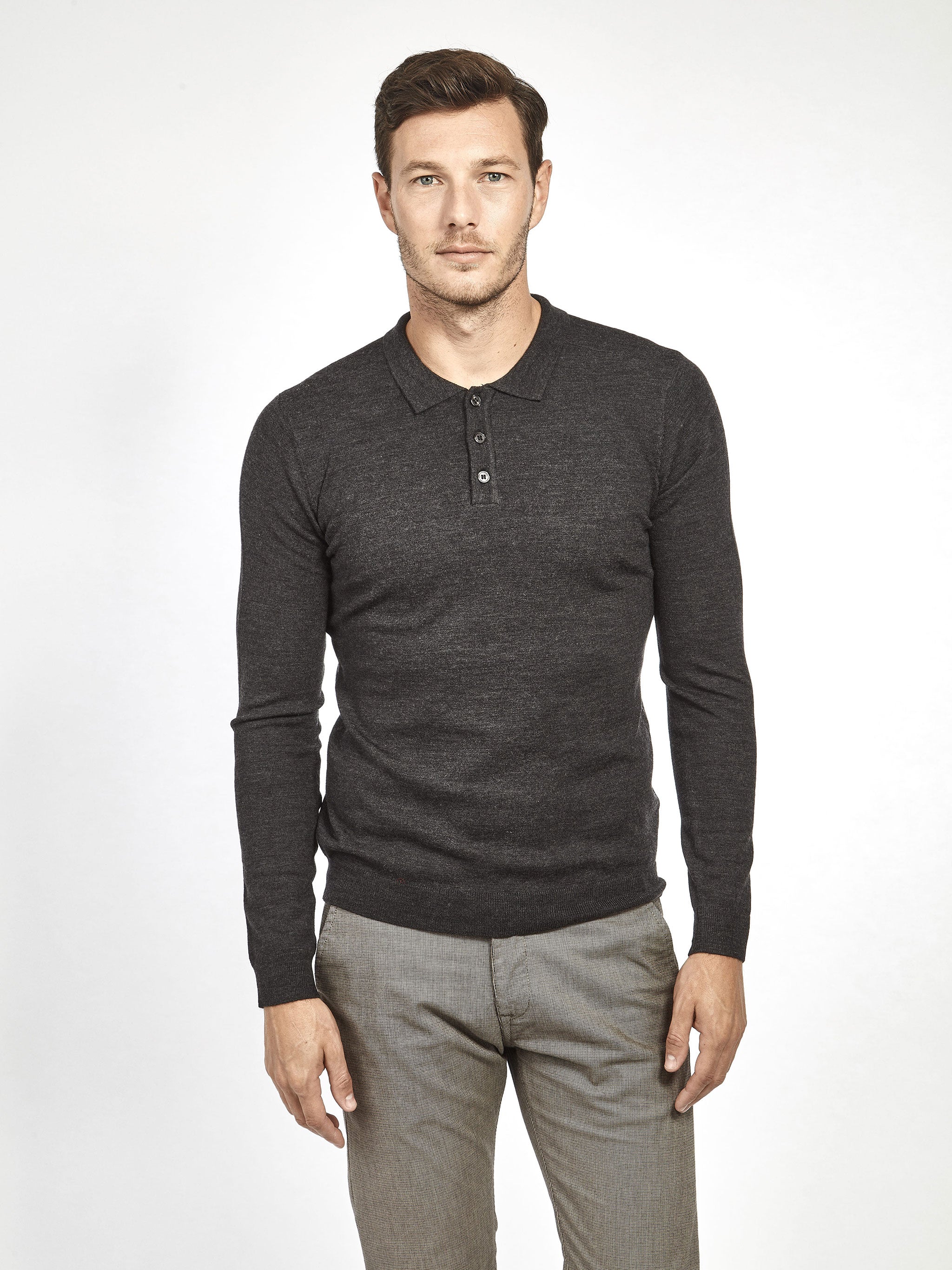 Regular Fit Wool Blend Hollin Charcoal Classic Long Sleeve Knitted Polo